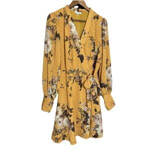 BTFL-Life Floral Print yellow wrap dress L boho fairy business spring cottage